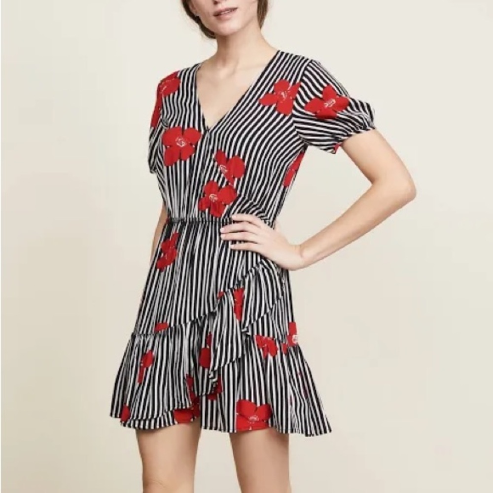 Madewell Bianca Striped Ruffle Mini Dress Black White Red Floral Size 4